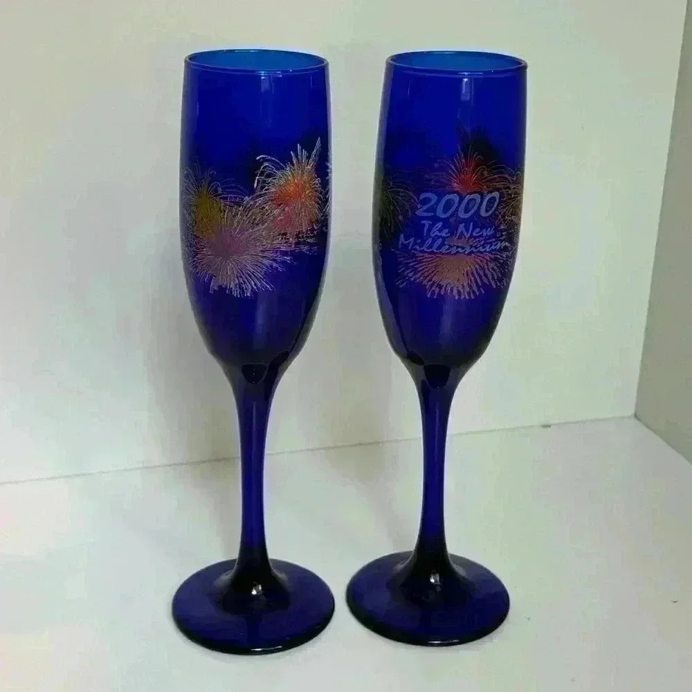 Millennium Y2K New Year’s Eve 1999/2000 cobalt glass champagne flutes.